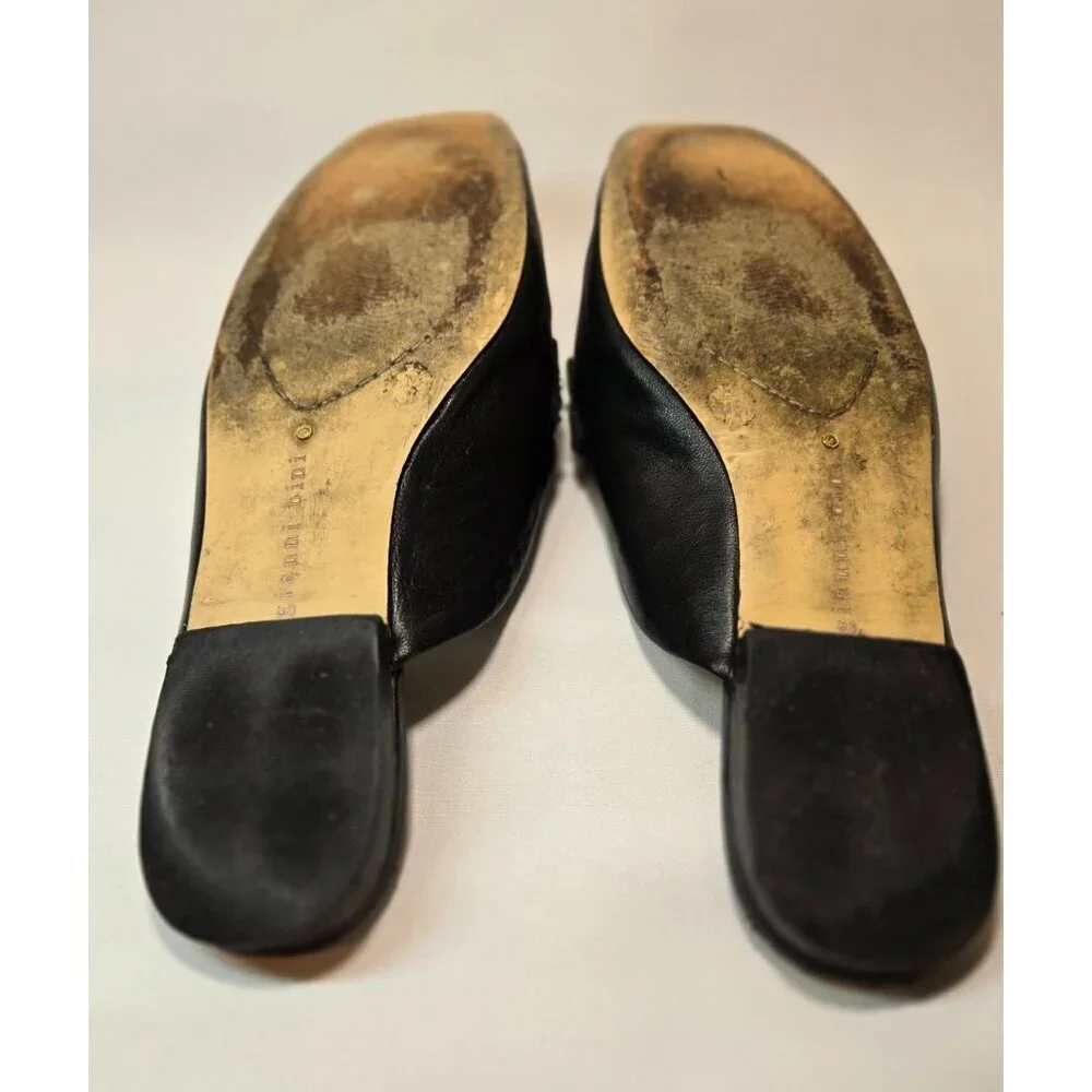 Gianni Bini Black Flat Mule Slip-On Gold Chain Sz 7 Leather Embellished Career - Picture 8 of 10